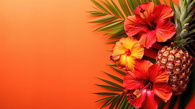 Bright hibiscus flowers and pineapple with tropical palm leaves