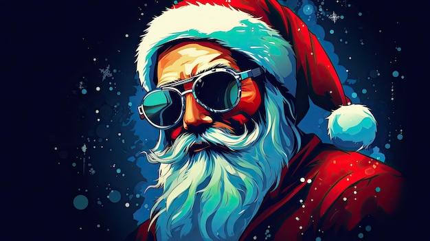 Яркий хипстер Санта-Клаус в солнцезащитных очках на черном фоне Генеративный ИИ