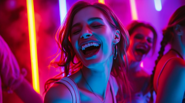 A bright holiday for people on the weekend smiling woman among lively party in club in neon lighting