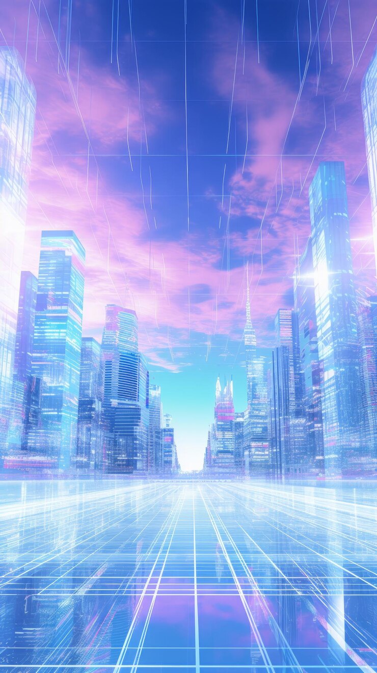 明るいホログラフィックな都市風景の背景