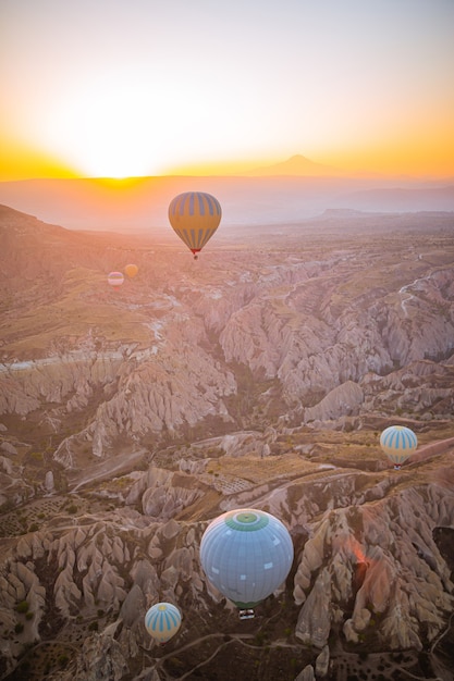 Bright hot air balloons in sky of cappadocia turkey