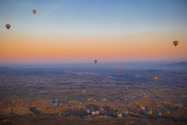 Bright hot air balloons in sky of cappadocia turkey