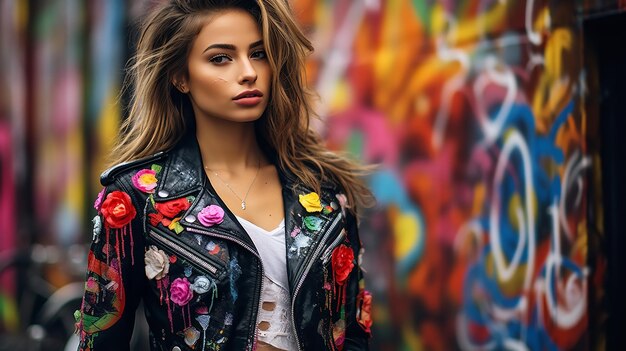 Photo bright hues a shredded jean jacket sneakers and a street style model modeled after graffiti art generative ai