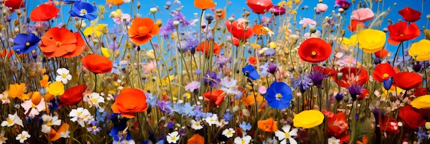 The bright hues of wildflowers covering the field create a riot of color and highlight the beauty of the wild nature