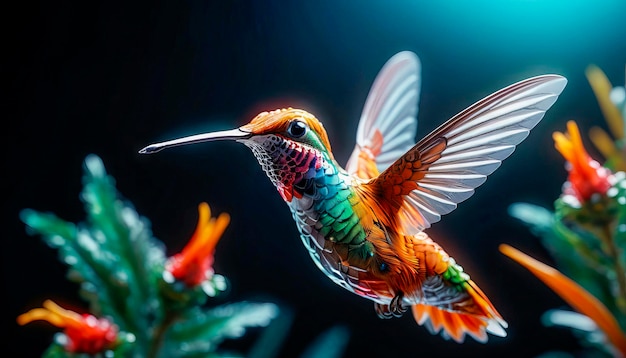 bright hummingbird bird over a flower on a dark background