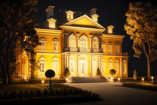 Bright illumination of a modern mansion in yellow tones exterior of a classic house at night