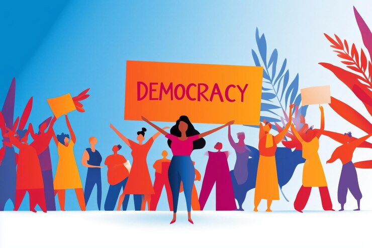 फोटो bright illustration of diverse people holding democracy signs in a public demonstration activism