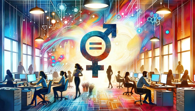 Bright illustration of gender equality symbol in various work environments office