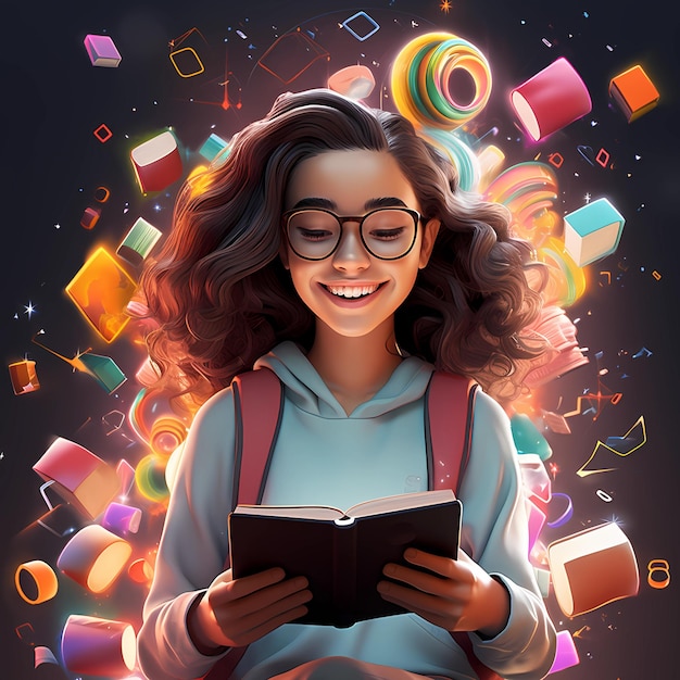 안경을 쓰고 책을 읽고 웃고 있는 소녀의 밝은 그림