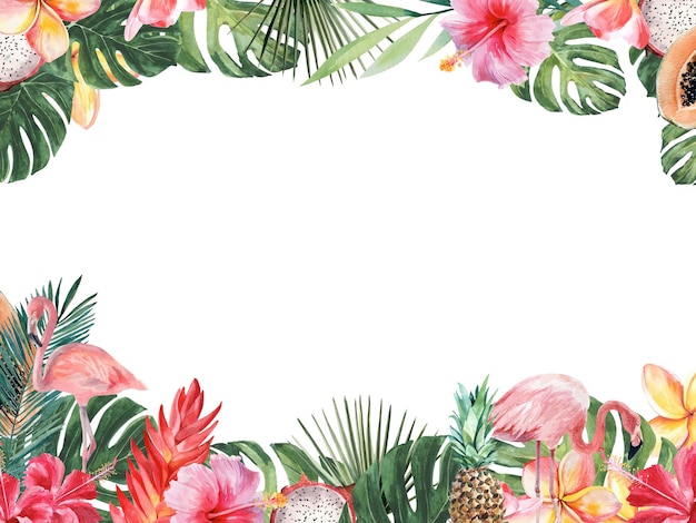 Bright illustration on the theme of tropical plants and beach holidays Rectangular frame Watercolor