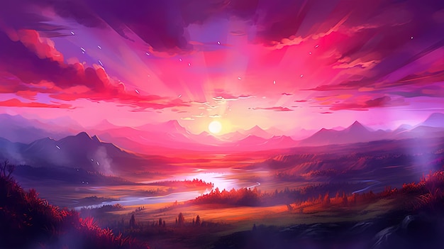 Bright illustration with magenta gradient color landscape