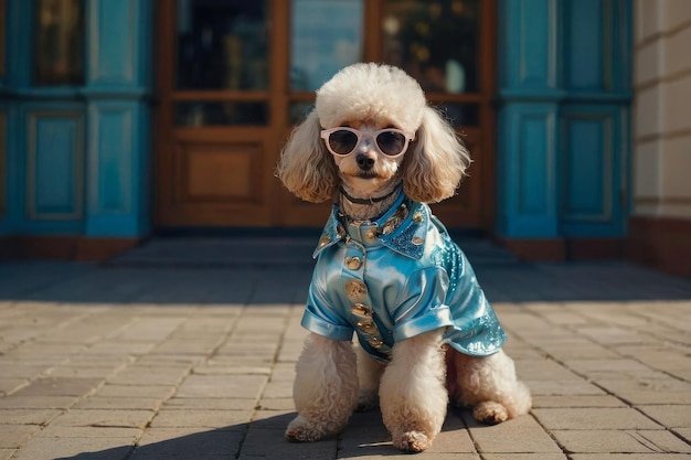 Bright image a fashionable white poodle in stylish clothes on a city street Multicolored clothes