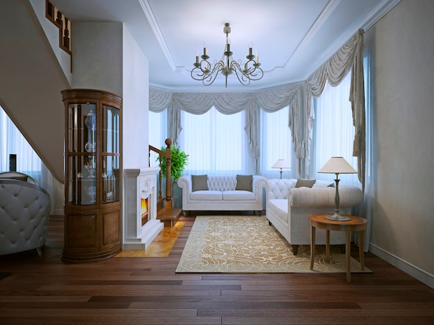 Photo bright interior of expensive living with fireplace and white upholstery sofas with beige pattrern carpet.