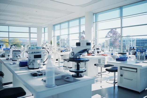 Photo bright interior of modern sterile laboratory on sunny day viruses research lab