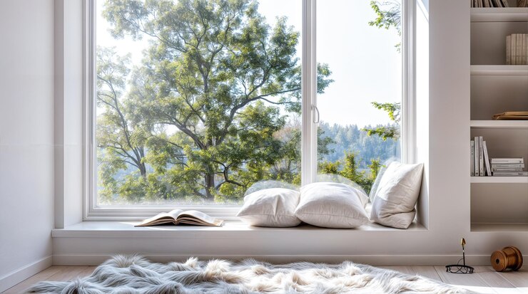 Bright interior window reading nook home decor pillows book natural light green trees forest views cozy space minimal design hardwood floors sheepskin rug