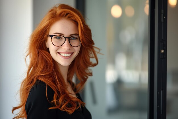 Bright and inviting portrait of a redhaired woman with glasses smiling confidently in a profession