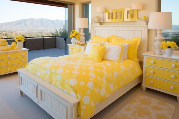 Bright and inviting small bedroom with a white and yellow decor and cozy white bed