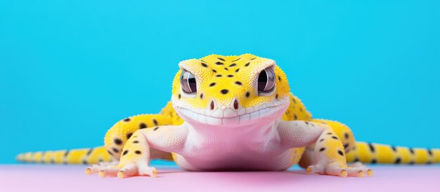 Photo bright isolated pastel background copy space with isolated exotic lemon frost leopard gecko