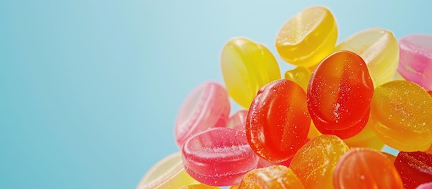 Photo bright jelly candies arranged in a heap on a light blue backdrop seen up close room for text