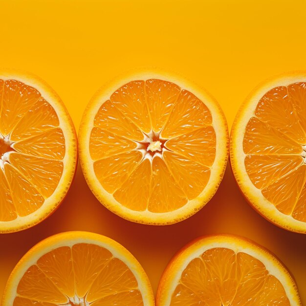 Bright and juicy orange slices artfully arranged on yellow background For Social Media Post Size