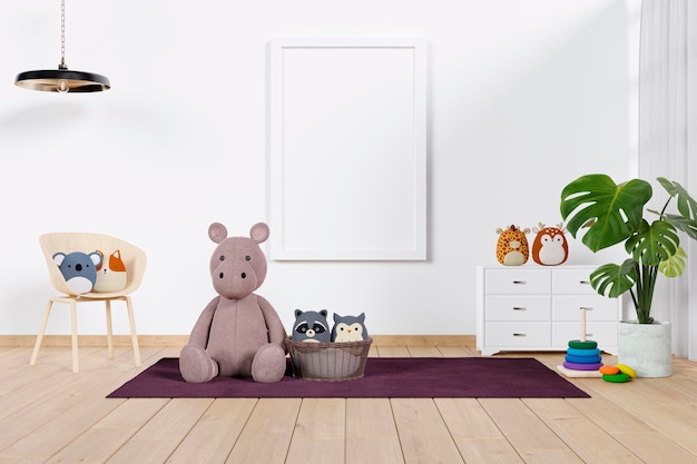 A bright kid play room with wooden chair cute stuffed toys and mock up frame