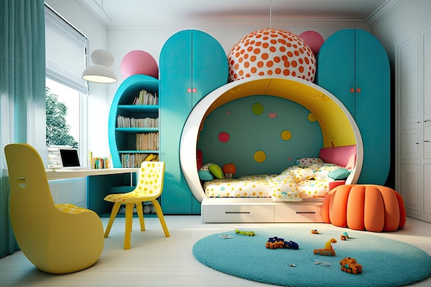 Bright kids bedroom with modern child room furniture and accessories created with generative ai