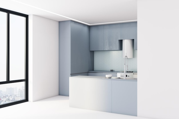 Bright kitchen interior with big window blue shelves and empty desk Interior design concept 3d rendering