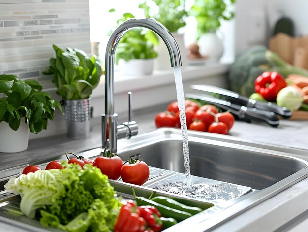 Bright Kitchen Interior with Fresh Vegetables and Running Tap Water