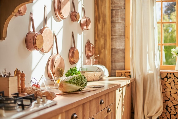 Bright kitchen in Scandinavian style on a sunny day