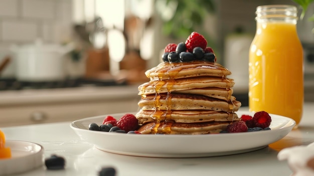 Bright Kitchen Scene with a White Countertop Featuring a Plate of Stacked Pancakes Drizzled with Maple Syrup and Berries Accompanied by a Jar of Orange Juice on the Side