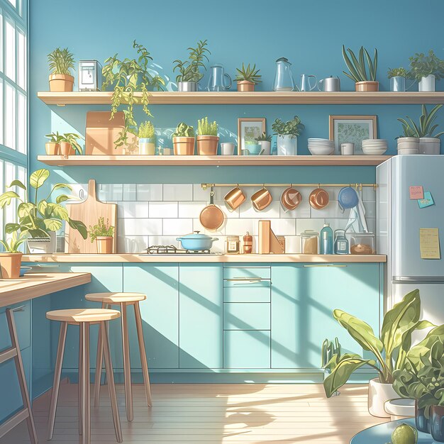 Bright Kitchen Shelves with Plants and Pots