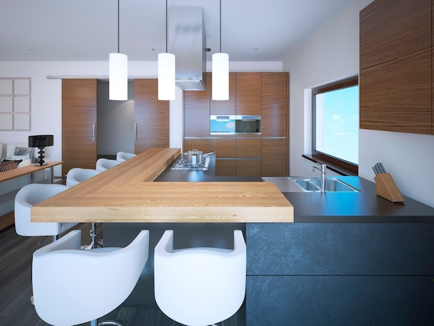 Bright kitchen studio art deco style and white walls and brown cabinets in zebrano. 