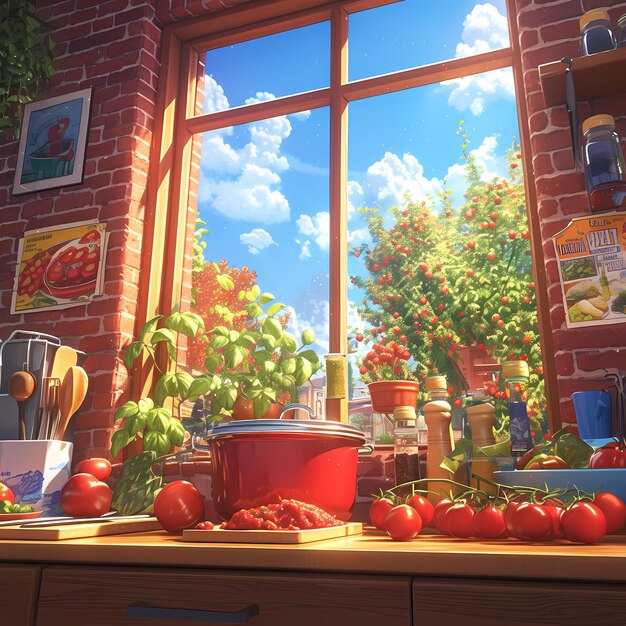 Яркое кухонное окно с свежими продуктами