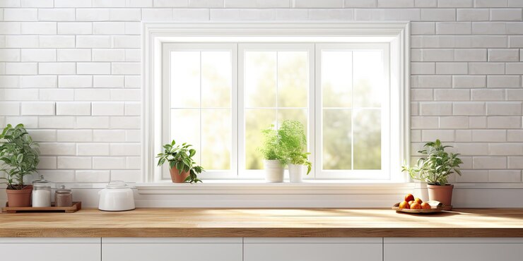 Photo bright kitchen with window and white brick tiles