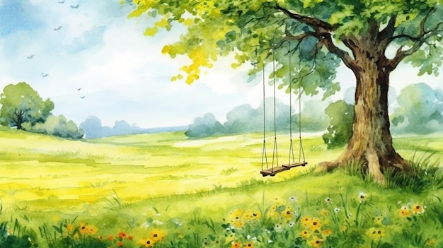 Bright landscape view in a summer meadow with tree and rope swing hand painted watercolor illustration drawing Generative AI