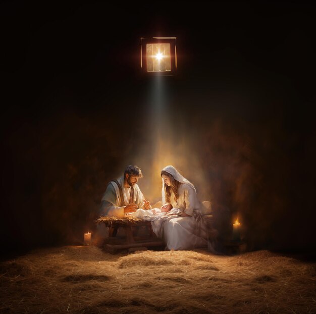 Photo a bright and large star shines brightly blessing the birth of baby jesus in a manger and the virgi