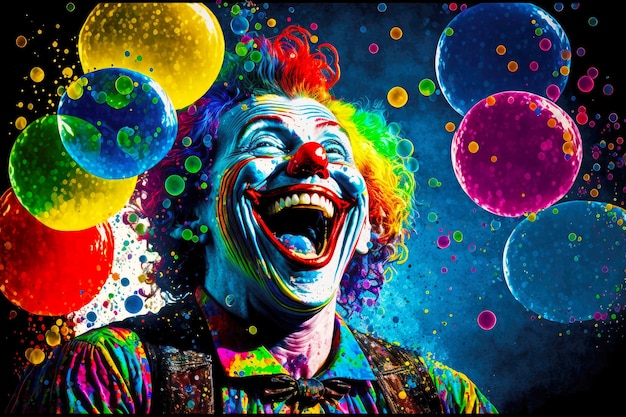 Bright laughing multicolored clown on bubble background