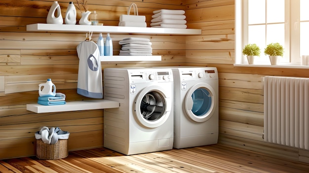 Bright Laundry Room with Modern Appliances and Rustic Wooden Walls A Cozy Interior Design Image with Natural Light for Home Decor Inspiration AI