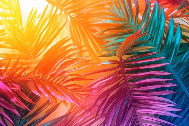Photo bright leaves of fluffy tropical palm tree in creative processing