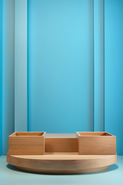 The bright light blue background with a wooden podium On top of the wooden podium there are two small podiums that add a minimal touch to the product display