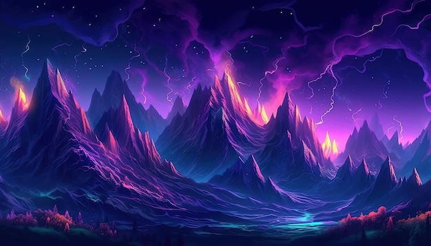 the bright light and bright purple neon on the mountains