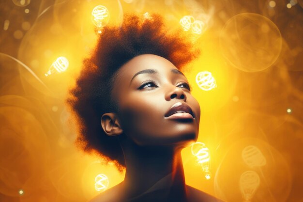 bright light bulb float above of young african woman's head beautiful Generative AI AIG32