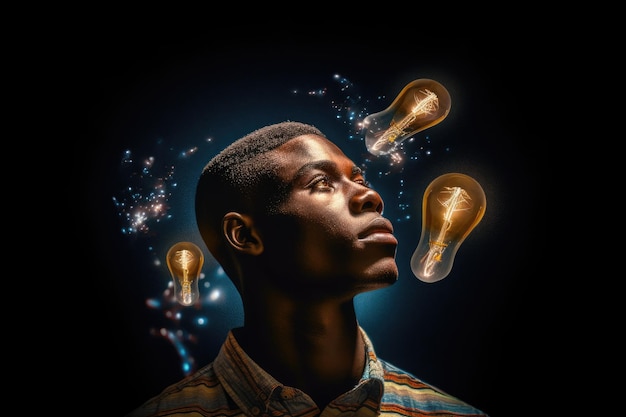 bright light bulb floating above of young african man's head beautiful Generative AI AIG32