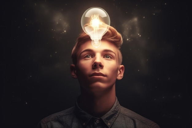 Bright light bulb floating above of young scandinavian man's head generative ai AIG32