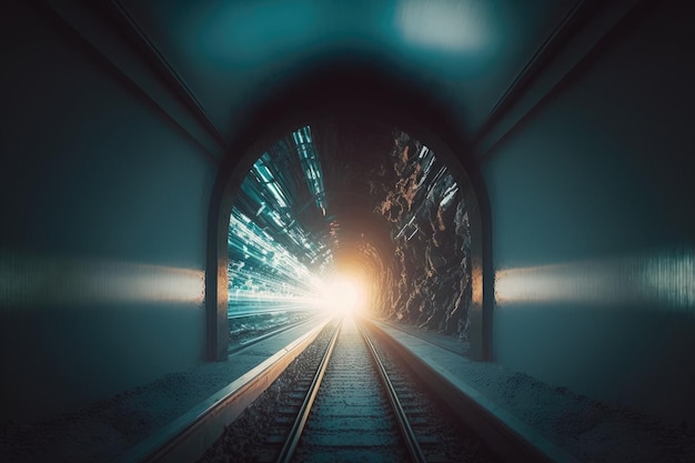 Bright light at the end of its tunnel Vanishing point underground transportation with railroad track Ai generative