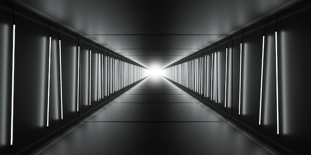 Photo bright light at the end of the long dark tunnel with lamp tubes lights on walls. 3d illustration.