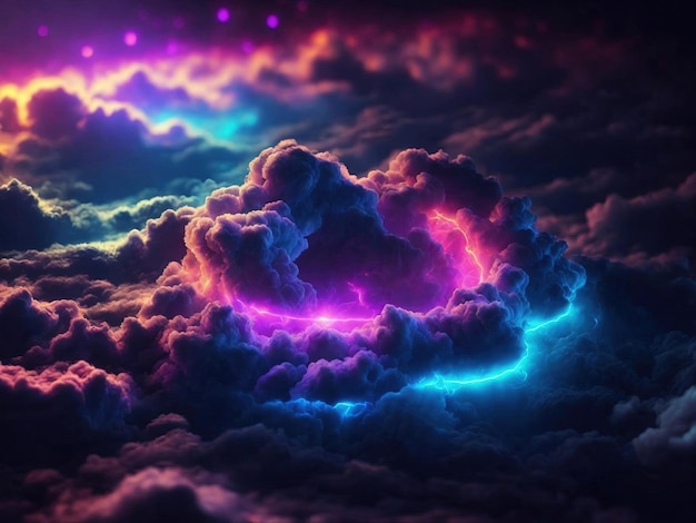 Photo bright light inside the stormy cloud on the dark sky neon background