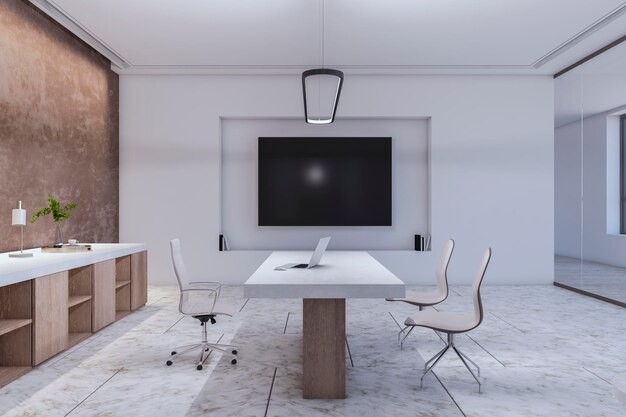 家具や設備を備えた明るい光のオフィス インテリア職場コンセプト 3 d レンダリング