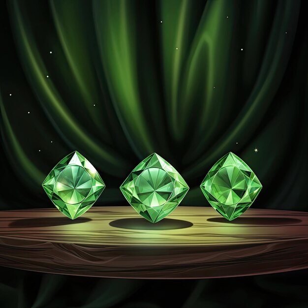 A bright light shines behind three green diamonds on cloth Generative AI