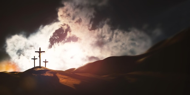 Bright light shining through clouds dramatic and majestic sky hill of Golgotha during Passion Week